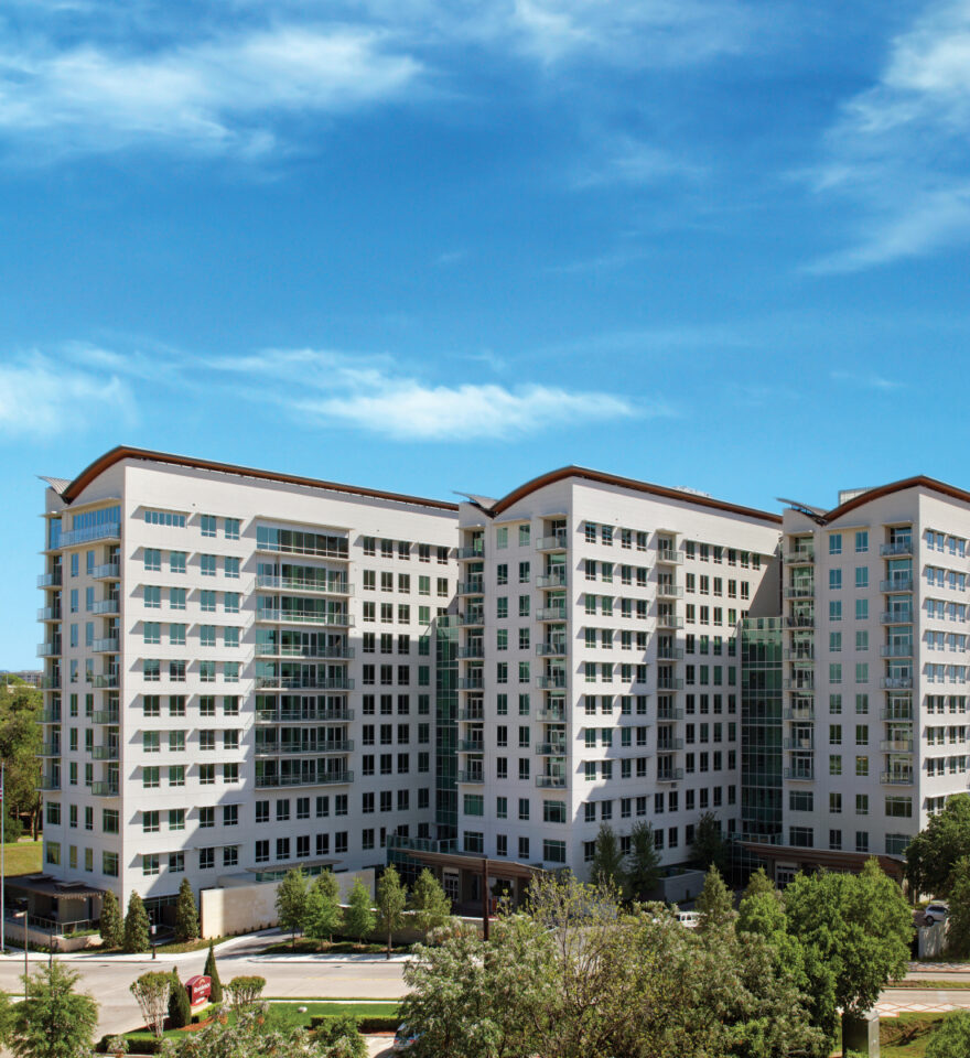 A view of the senior living high-rise of The Stayton at Museum Way