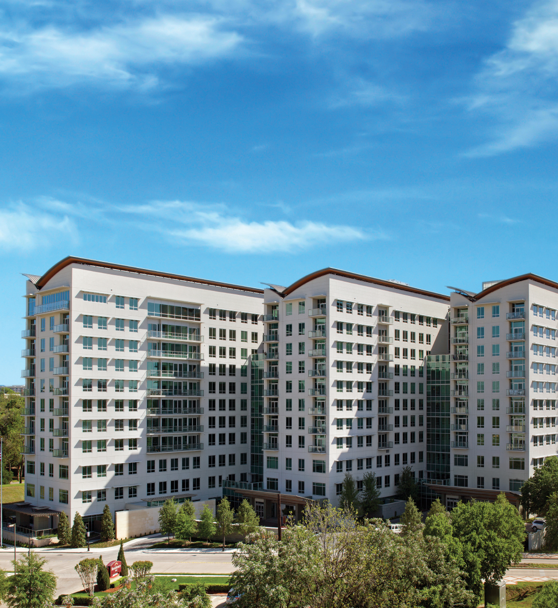 A view of the senior living high-rise of The Stayton at Museum Way